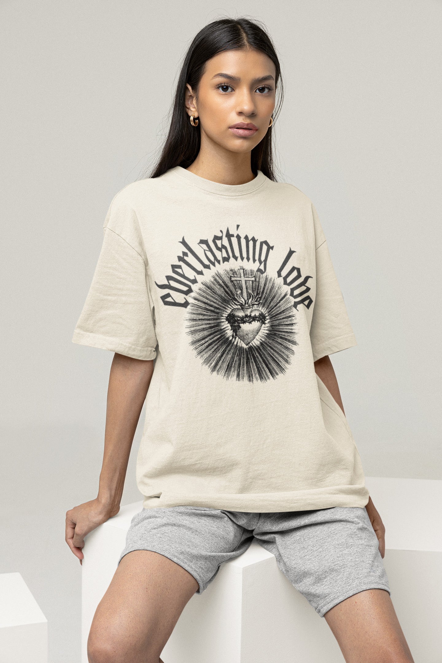 Women wearing Christian T-shirt with everlasting love print